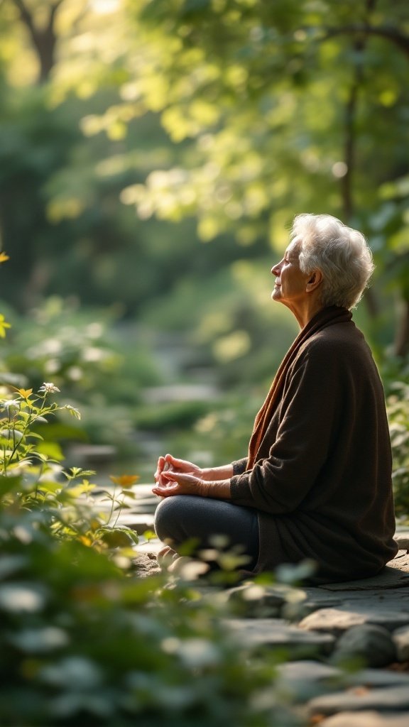An older woman practicing meditation in a peaceful outdoor setting surrounded by greenery.