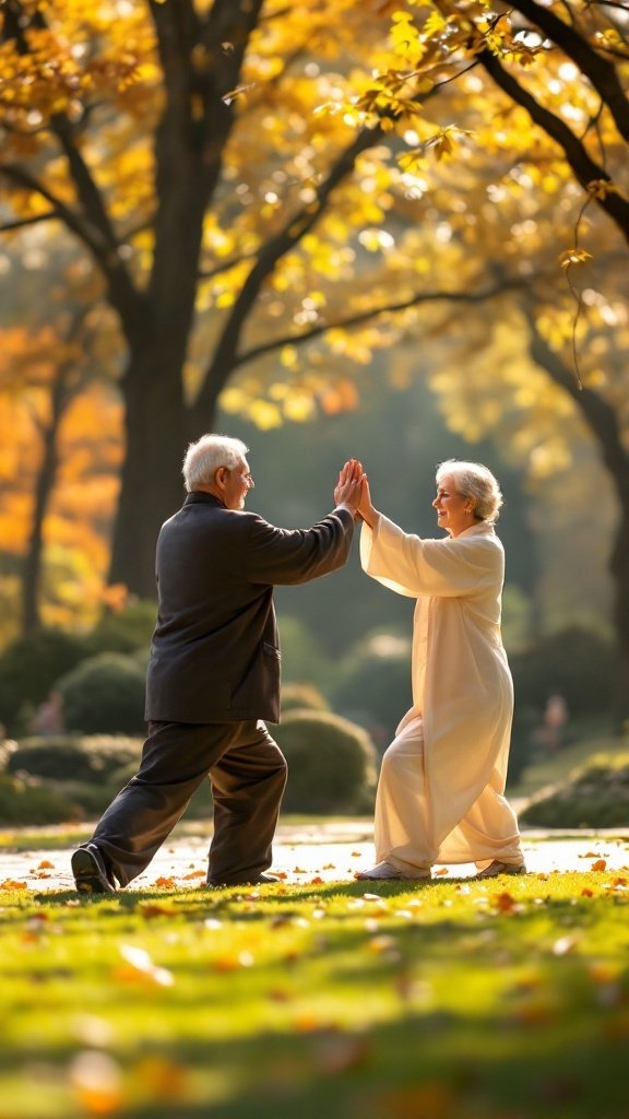 A senior couple practicing Tai Chi in a park during autumn.