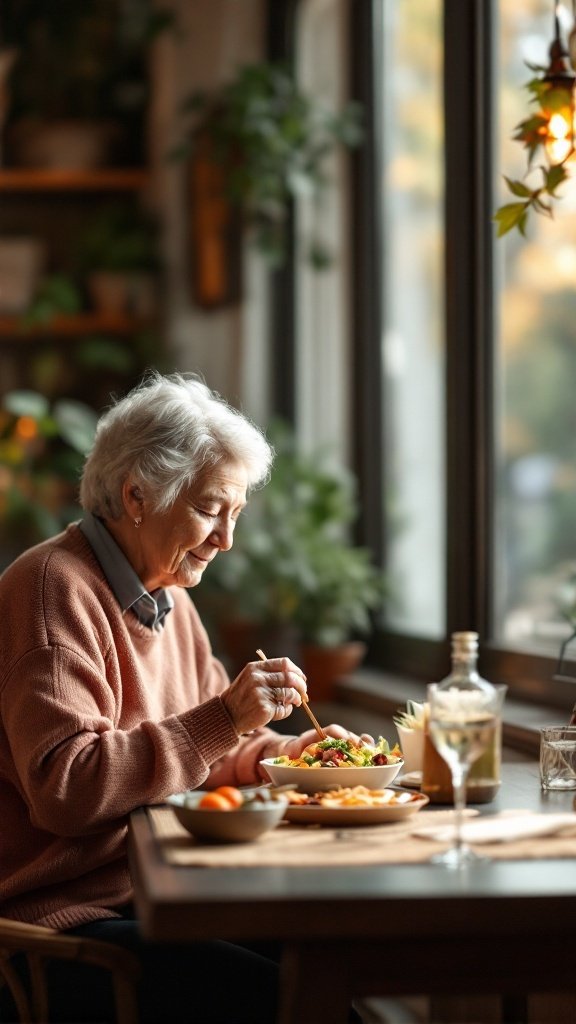 An elderly woman enjoying a healthy meal at a cozy table near a window, surrounded by plants.