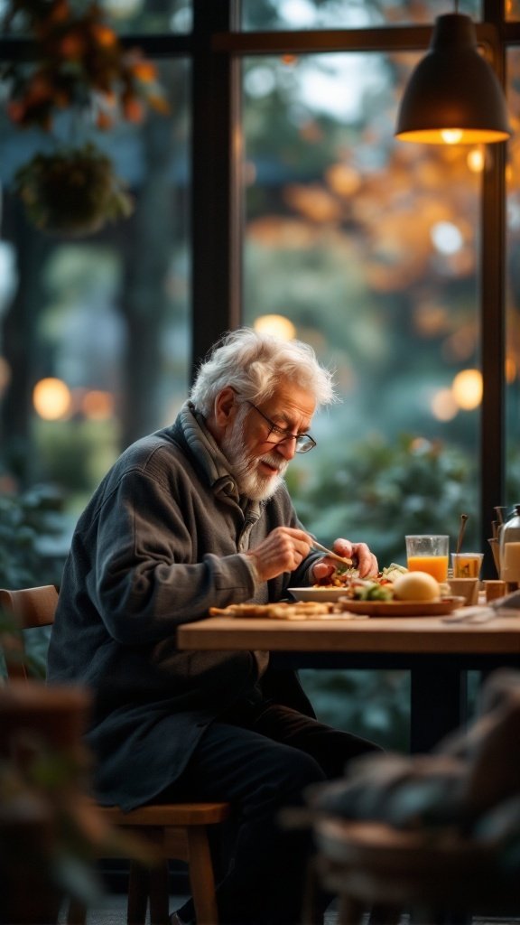 An elderly man enjoying a meal, focused and engaged in mindful eating.