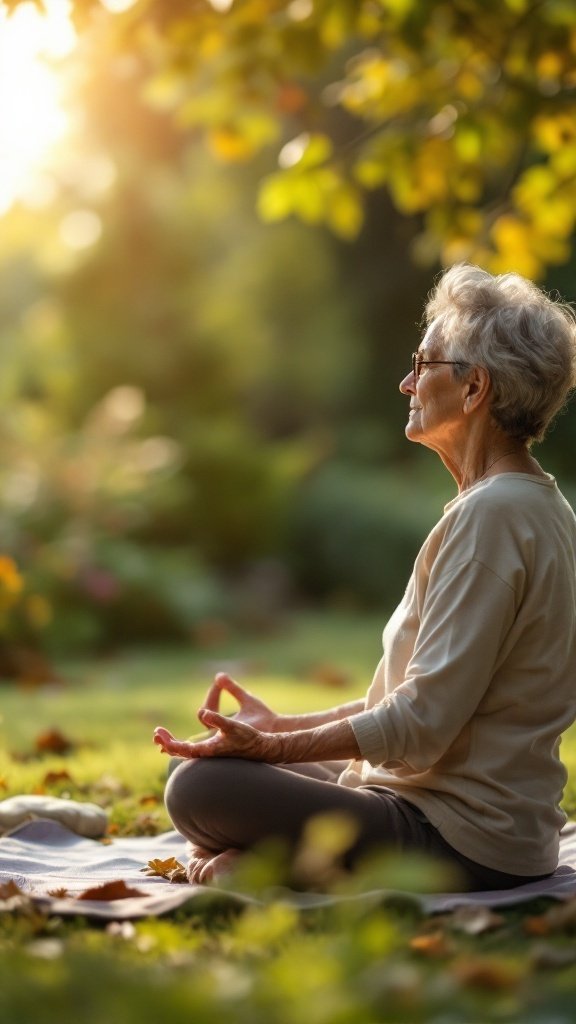 Senior woman meditating outdoors in a peaceful garden setting