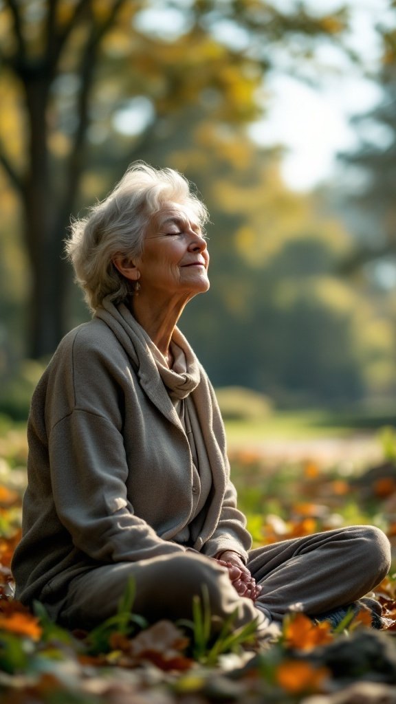 Senior woman practicing mindfulness in a serene outdoor setting