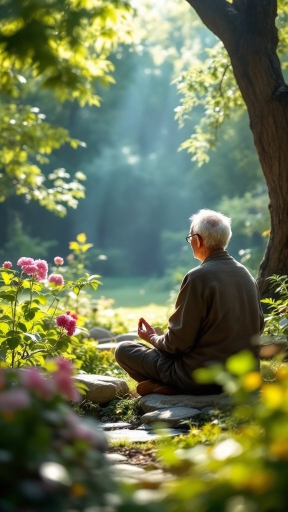 An elderly man sitting in a garden meditating, surrounded by flowers and soft sunlight.