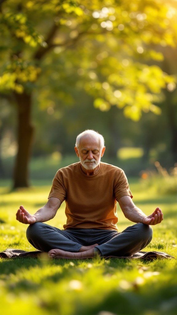 An older man meditating in a lush green park, surrounded by trees and soft sunlight, promoting relaxation and mindfulness.
