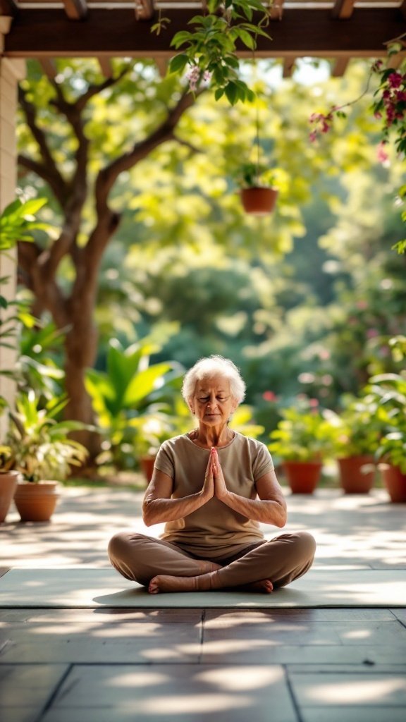 An older woman meditating peacefully in a garden setting, surrounded by plants and natural light.