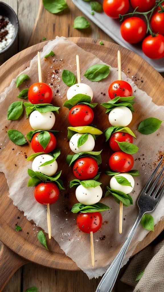 A plate of mini Caprese skewers with cherry tomatoes, mozzarella balls, and fresh basil.