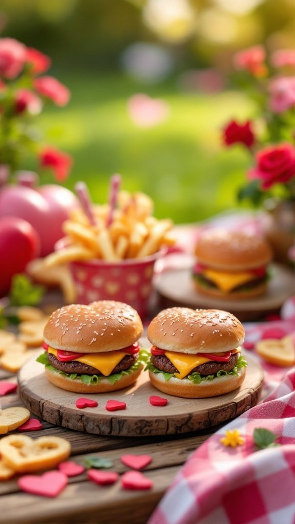 Mini heart-shaped burgers with cheese on a picnic table, surrounded by heart decorations and flowers