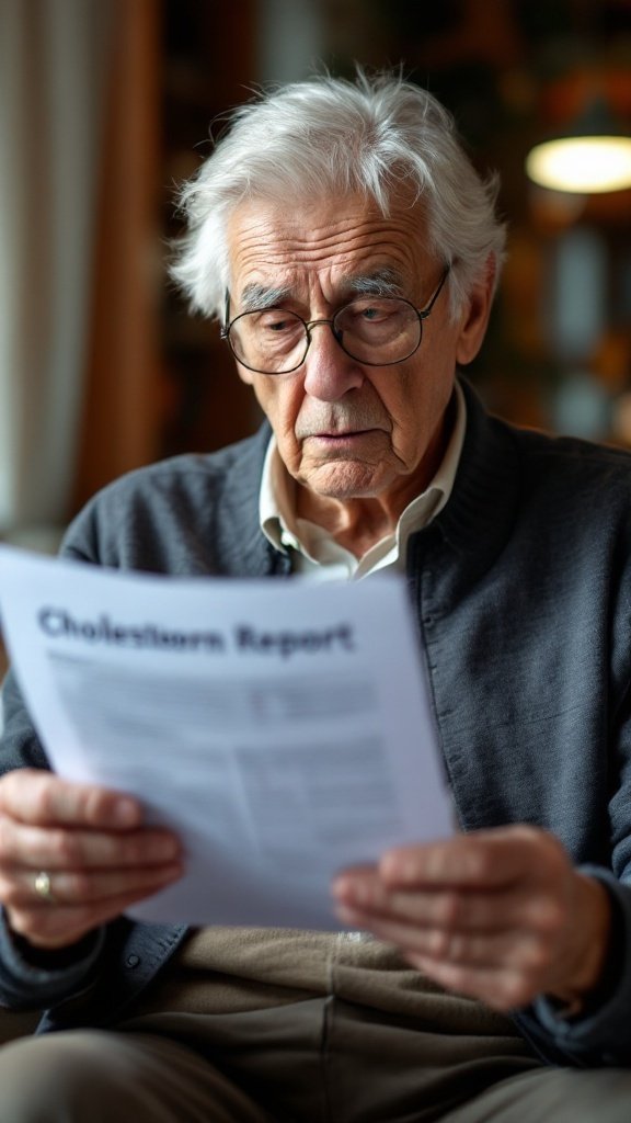 An elderly man reading a cholesterol report with a serious expression.