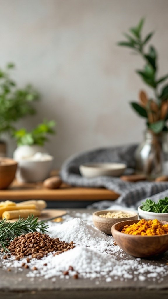 An array of spices and salt arranged on a wooden surface, highlighting ingredients for heart-healthy cooking.