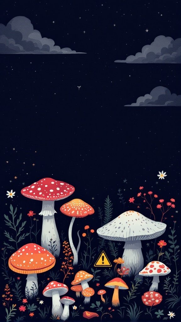 Illustration of various mushrooms with a warning sign about toxic varieties.