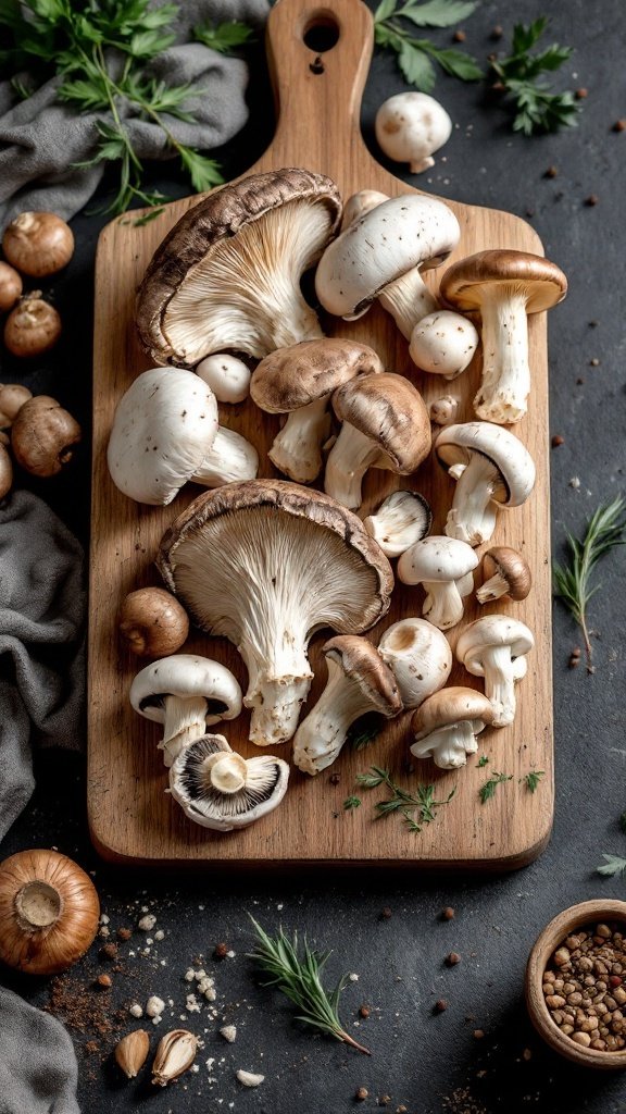 A variety of mushrooms on a wooden cutting board, showcasing different types and textures.