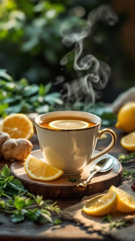 A steaming cup of ginger lemon tea with lemon slices and fresh ginger on a wooden surface