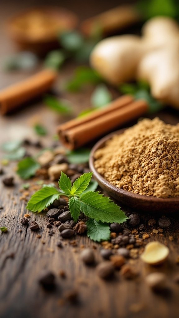 Assorted natural herbs and spices for weight loss, including ground herbs, cinnamon sticks, ginger, and mint leaves on a wooden surface.