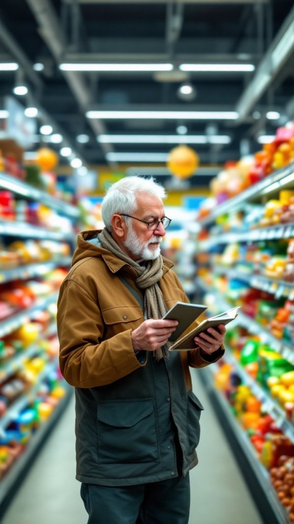 An elderly man shopping in a grocery store, holding a notebook while looking at fresh produce on the shelves.