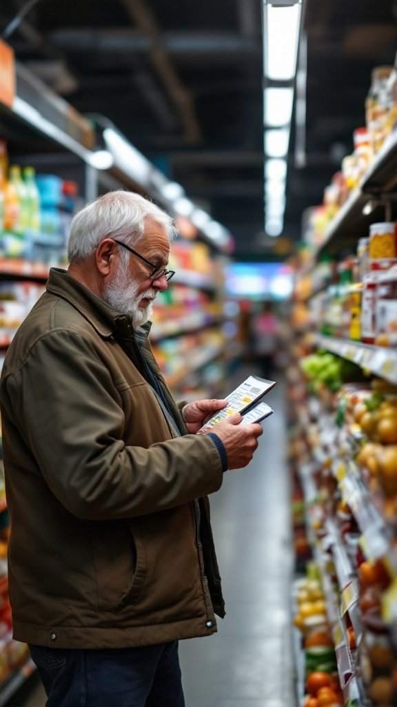 A senior man closely examining food labels in a grocery store aisle.