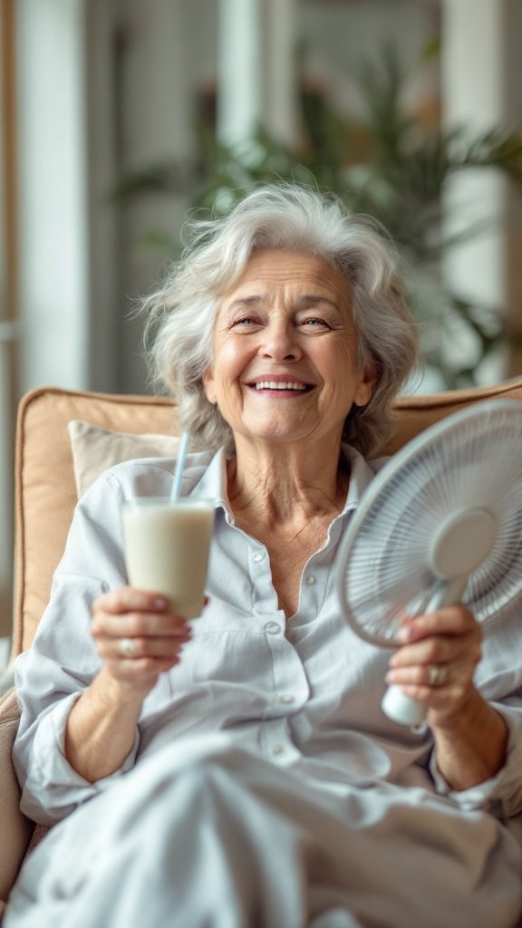 A senior woman sitting comfortably with a drink and a fan, smiling and enjoying a moment of relaxation.