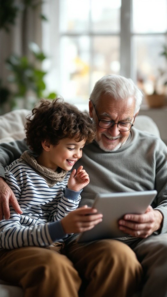 A grandparent and grandchild happily using a tablet together.