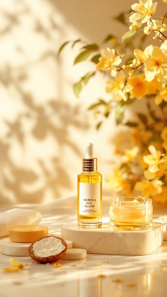 Aesthetic arrangement of Neroli oil bottle, candle, and flowers on a surface