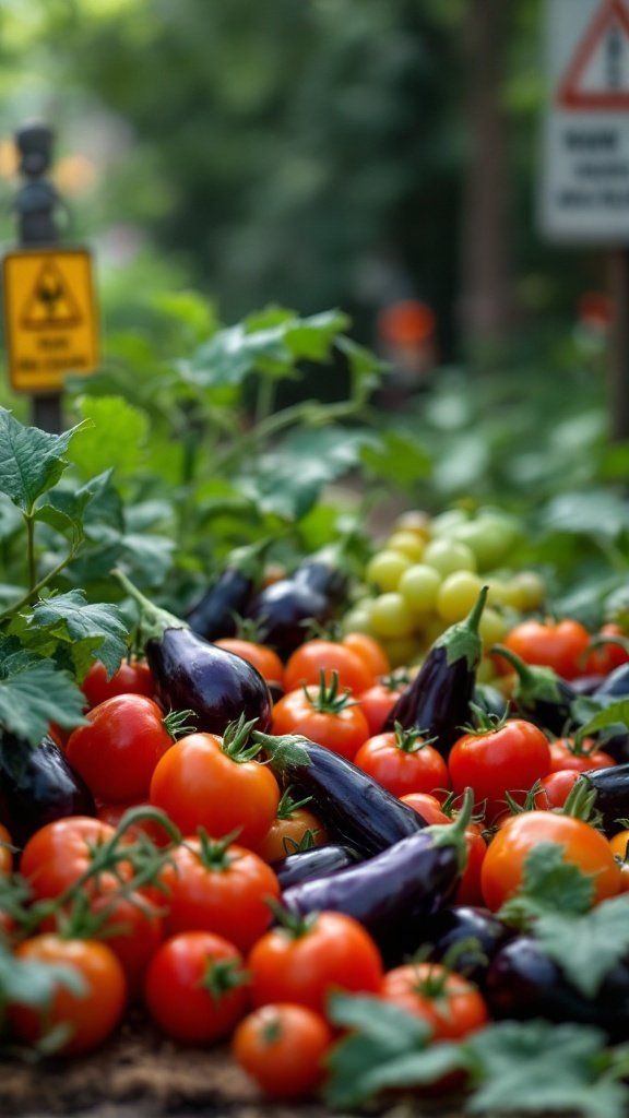 A colorful array of tomatoes and eggplants in a garden setting