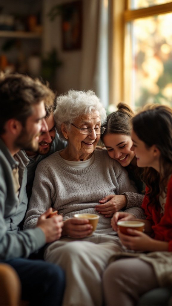 A grandmother surrounded by her family, smiling while sharing a cozy moment together.