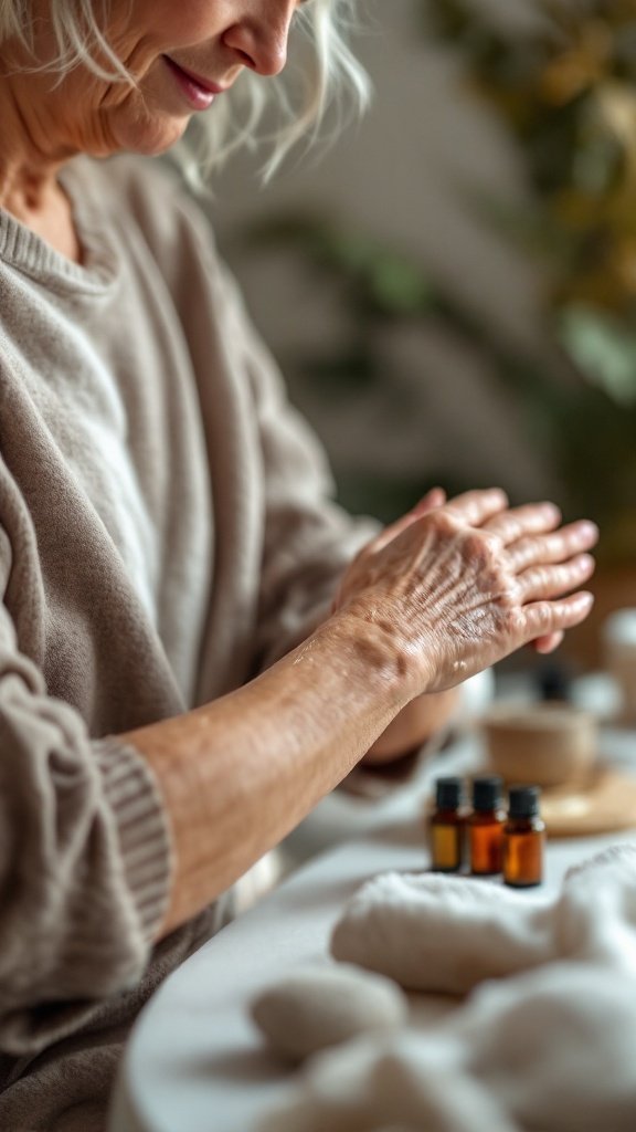 A woman applying natural oil to her hands, focusing on skincare.