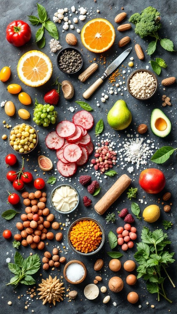 A colorful assortment of fruits, vegetables, nuts, and seeds arranged on a dark surface, showcasing a variety of nutrient-rich foods.