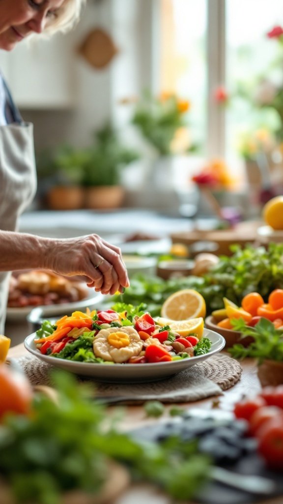 A senior citizen preparing a colorful salad with fresh vegetables and fruits in a bright kitchen.