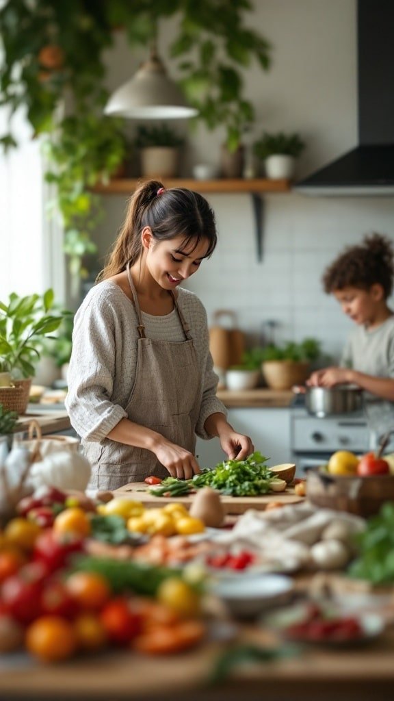 A person happily chopping vegetables in a bright kitchen filled with fresh produce.
