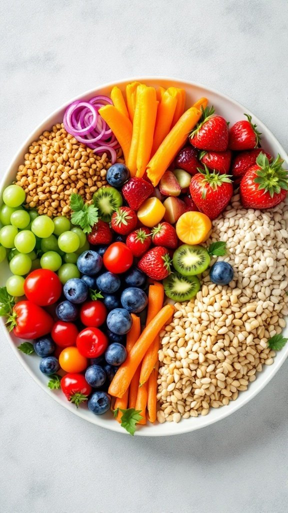 Plate filled with a variety of colorful fruits, vegetables, and whole grains