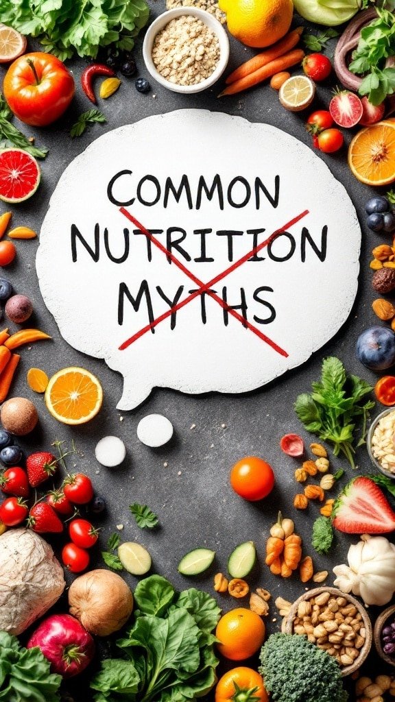 A colorful assortment of fruits and vegetables surrounding a sign that reads 'Common Nutrition Myths' with a red cross over it.