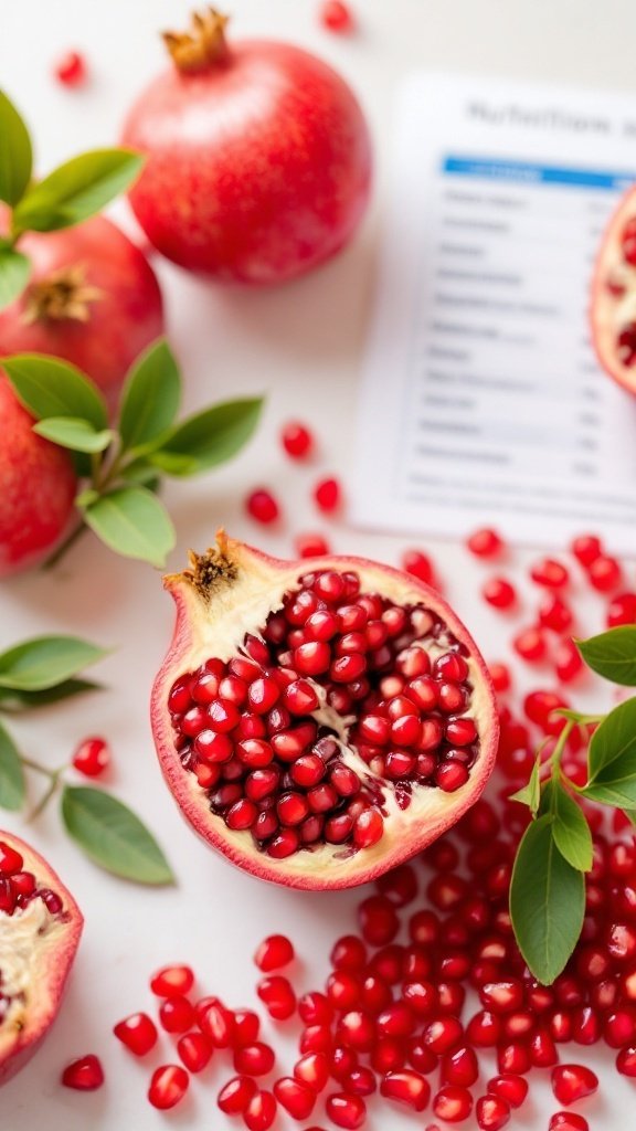 Fresh pomegranates with seeds and foliage, showcasing their vibrant color and nutritional information.