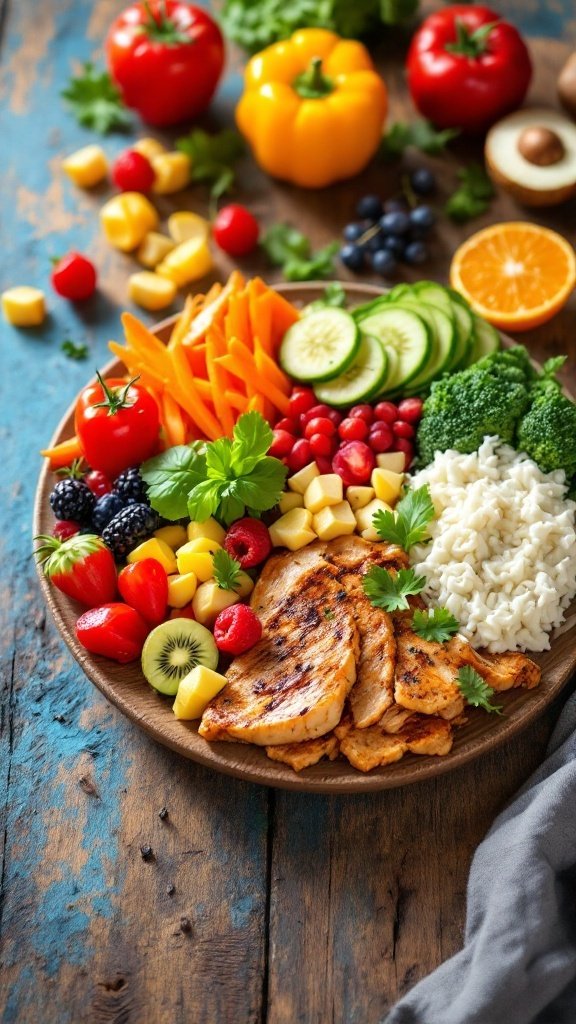 A colorful plate filled with grilled chicken, fresh vegetables, and fruits, representing a balanced diet for seniors.