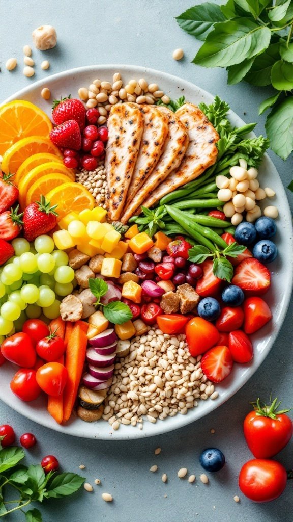 A colorful platter filled with fruits, vegetables, lean proteins, and grains for heart health.
