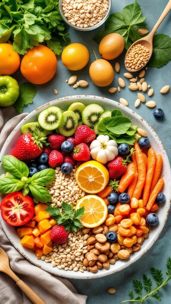 A colorful assortment of fruits, vegetables, and nuts arranged on a plate, showcasing healthy food options.