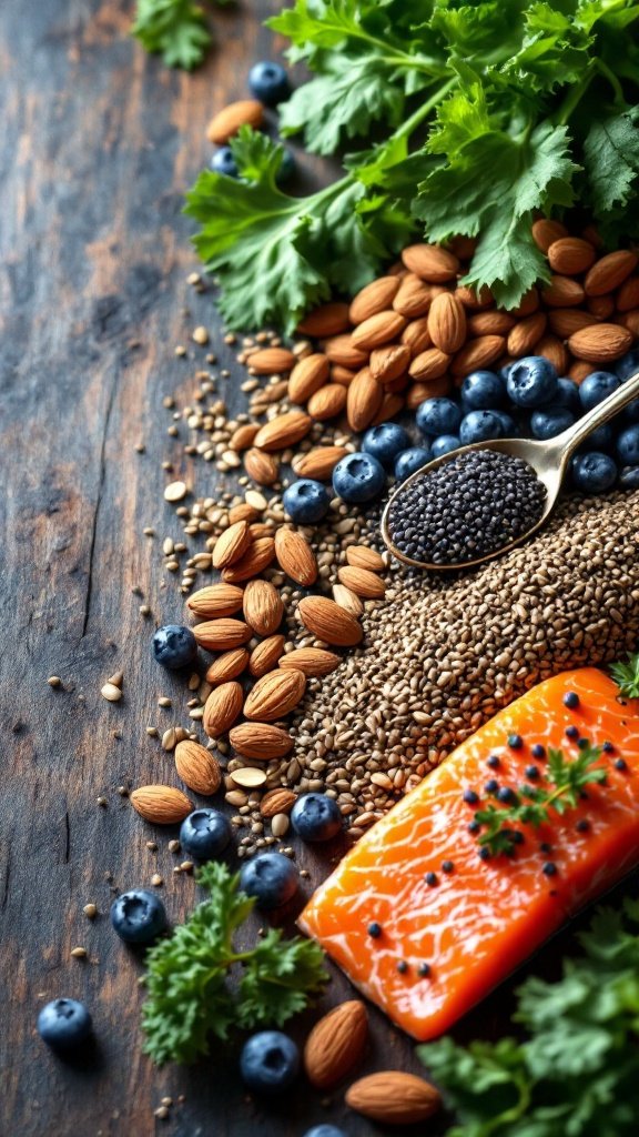 An assortment of superfoods including greens, blueberries, almonds, sesame seeds, and salmon arranged on a dark background.