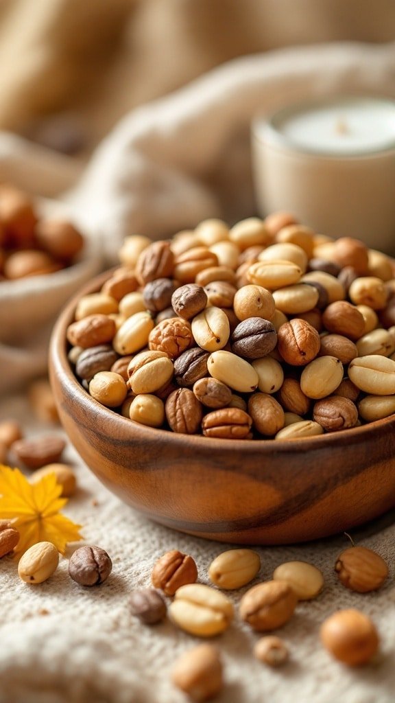 A wooden bowl filled with a variety of nuts on a soft fabric background.