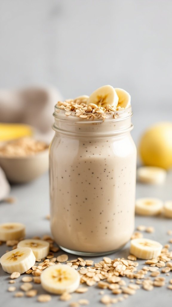 A Nutty Banana Oat Shake in a glass jar topped with banana slices and oats, surrounded by scattered banana slices and oats.