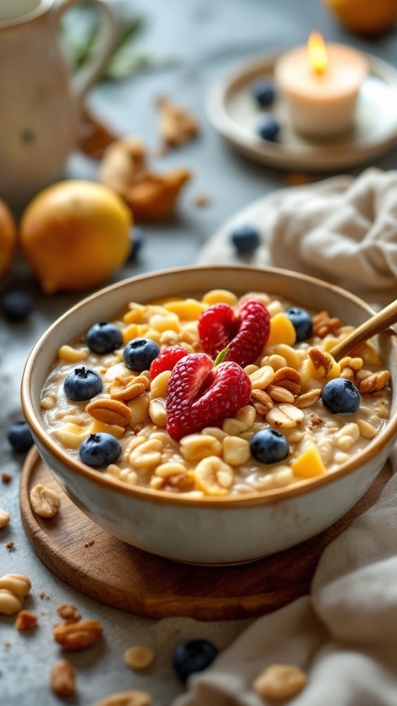 A bowl of oatmeal topped with fresh fruits and nuts, highlighting its benefits for heart health.