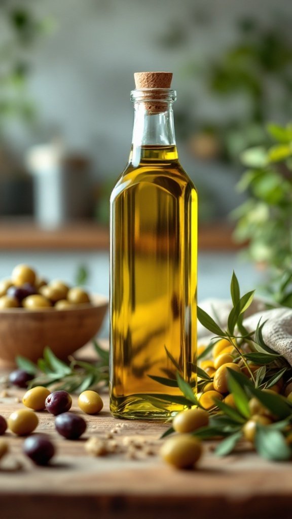 Bottle of olive oil surrounded by olives and greenery on a wooden surface