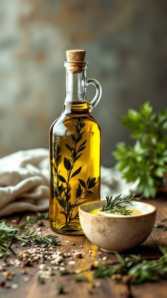 A bottle of olive oil with herbs, next to a bowl of olive oil on a wooden table