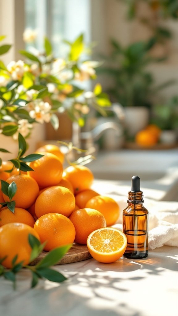 A pile of fresh oranges with a half orange and a bottle of orange essential oil on a kitchen counter.