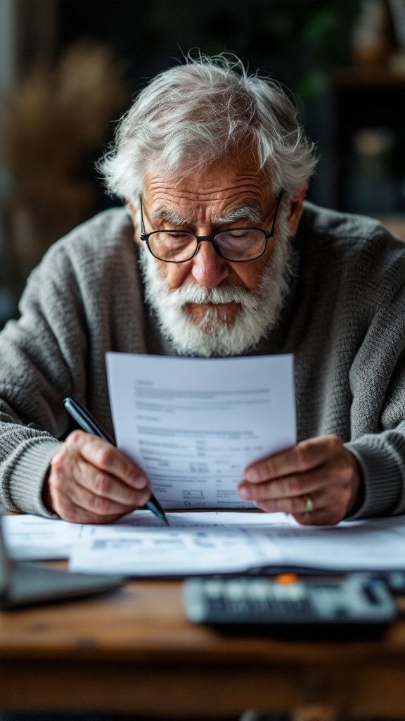 An older man reviewing financial documents with a calculator and paperwork on a table