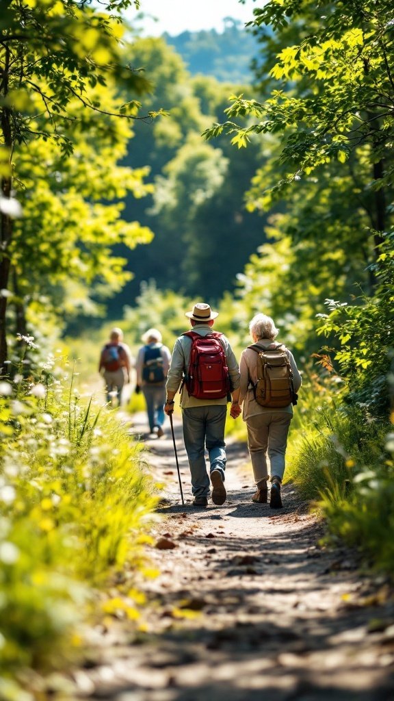 Seniors walking together on a nature trail, enjoying outdoor activities