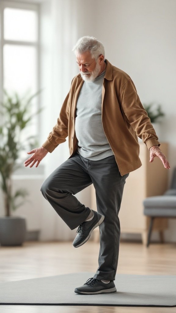 An older man demonstrating balance on one leg, representing the challenges faced by those with Parkinson's disease.