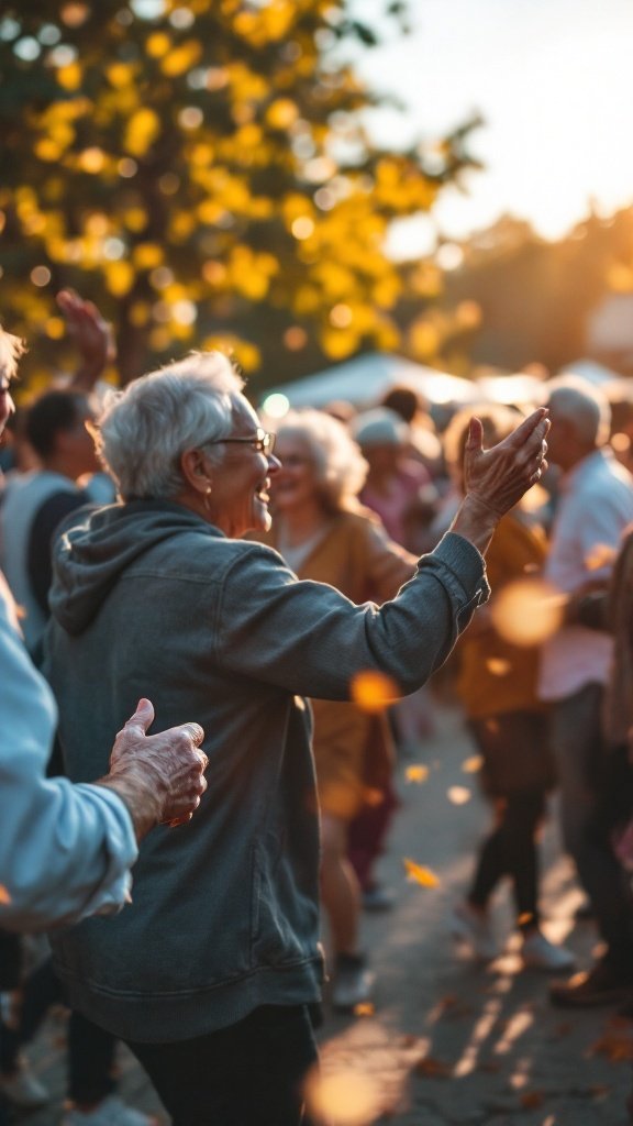 Seniors participating in a community event, dancing and enjoying each other's company.