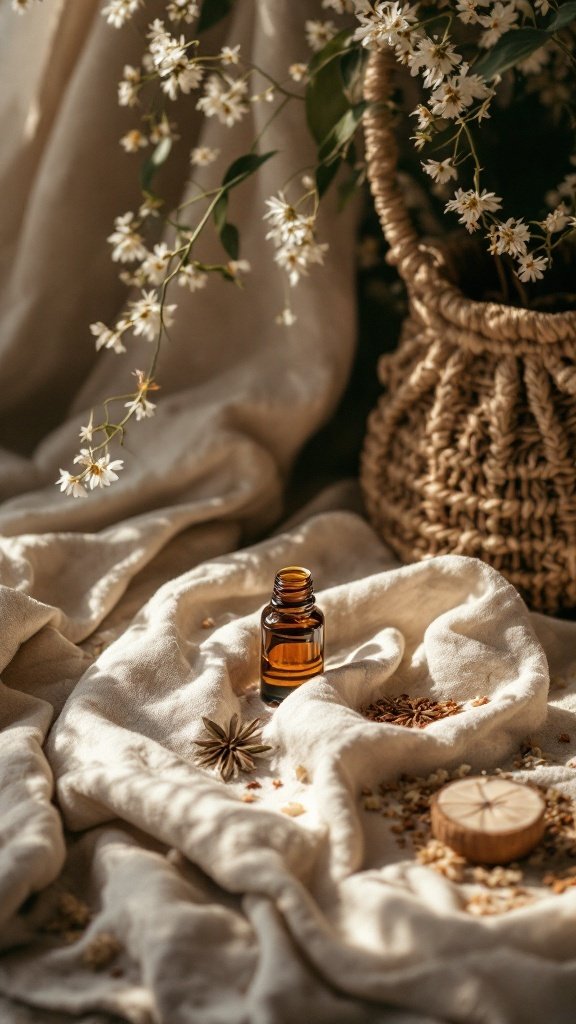 A small bottle of patchouli essential oil on soft fabric with dried herbs and spices.