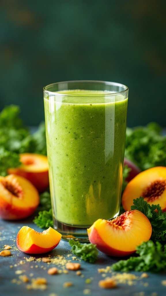 A glass of Peachy Green Smoothie surrounded by fresh peach slices and kale on a table.