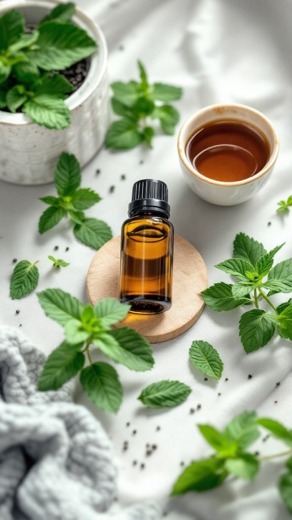 A bottle of peppermint essential oil surrounded by fresh peppermint leaves and a small bowl.