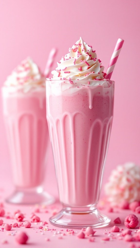 Two pink milkshakes with whipped cream and sprinkles in tall glasses against a pink background.