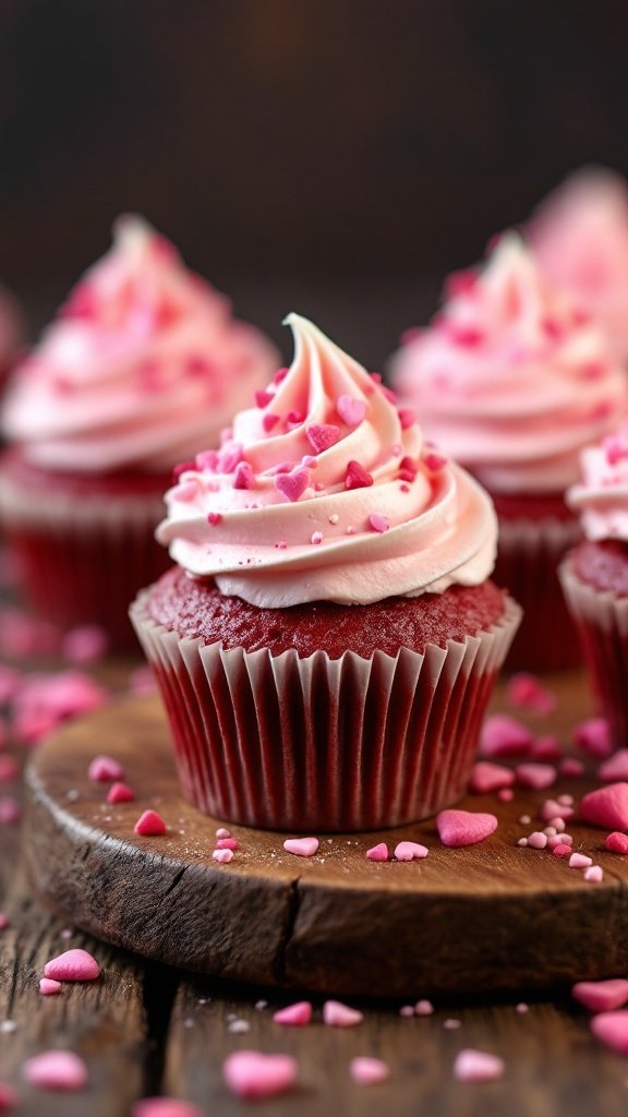 Pink velvet cupcakes with cream cheese frosting topped with heart-shaped sprinkles on a wooden table